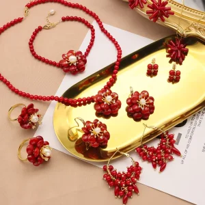 Customized Natural Red Coral and Pearl Women’s Ring, Earrings, and Necklace Jewelry Set