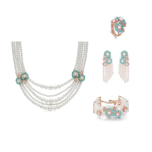 Flower Gold-Plated Multi-Layer Faux Pearl Zircon Wedding Party Necklace, Earrings, Ring and Bracelet Set