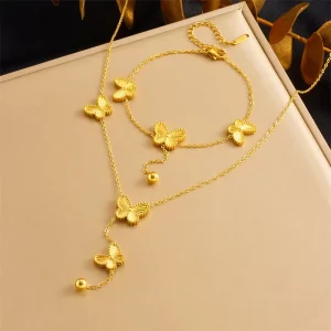 Steel Ball Tassel Pendant Necklace and Butterfly Bracelet Gold-Plated Women’s Jewelry Set