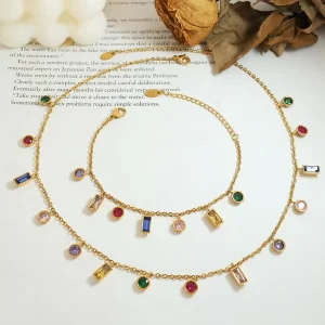 Gold-Plated Stainless Steel Ice Crystal Zircon Geometric Chain Bracelet and Necklace Set for Women