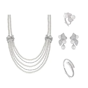Luxury 4-Piece Fine Jewelry Set with Romantic Flower Zircon Earrings, Necklace, Ring and Bracelet, Faux Pearl Bridal Wedding Set