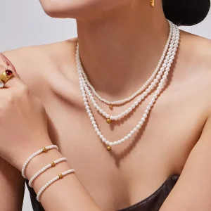 Women’s Gold Stainless Steel Round Pearl Bead Pendant Necklace and Bracelet Set
