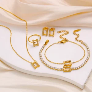 Custom Jewelry Set Chain Zircon Gold-Plated Stainless Steel Necklace Earrings Bracelet Ring for Women