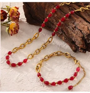 Red Agate and Garnet Beaded Gold-Plated Titanium Steel Necklace and Bracelet Set