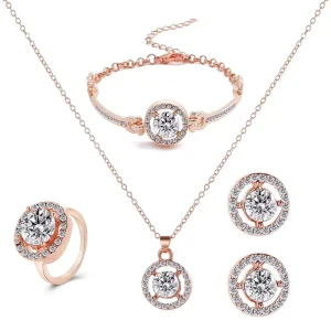 Women’s Personalized Crystal and Zirconia Necklace, Earrings, Ring, and Watch Accessories Set